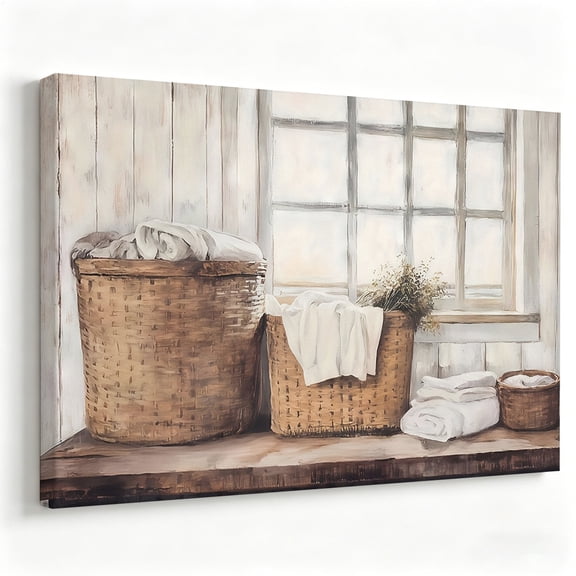 Rustic Farmhouse Laundry Room Canvas Wall Art Vintage Woven Basket Painting Cozy Window Poster Country Home Decor Print Ready to Hang 8*12