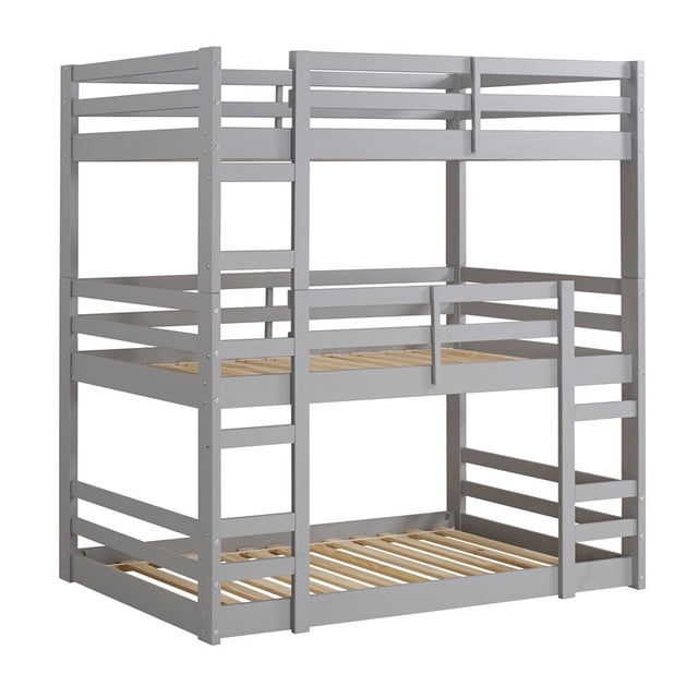 Lit Superposé Triple en Bois Massif - Gris