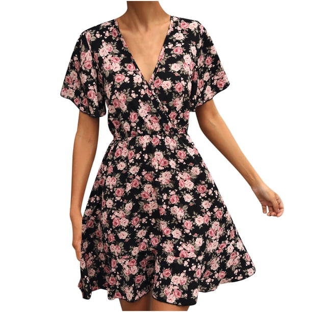 Vestido casual de moda para mujer con cuello en V y estampado floral de manga corta con temperamento Fridja qw5932