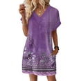 thumbnail image 2 of Women's Floral Print V-Neck Short Sleeve Casual Pullover Dress with Pocket, Summer Dress Comfortable Loose Fit, Fashionable Ladies Clothing,Dark Purple,3XL, 2 of 8