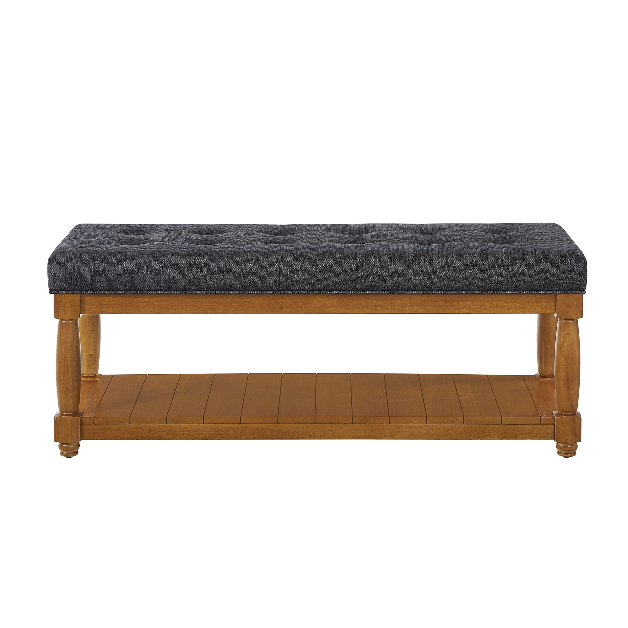 Leumius Upholstered Linen Bench with Storage Shelf, Solid Wood Spindle Legs Accent Furniture Tufted Ottoman Bench for Bedroom Entryway Living Room Charcoal
