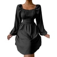 thumbnail image 3 of SAYOO Vestido de primavera para mujer, vestido de cintura alta fruncido con cuello cuadrado liso de manga larga, trajes hasta la rodilla con lazo en la cintura para mujer SAYOO  moda, 3 of 5