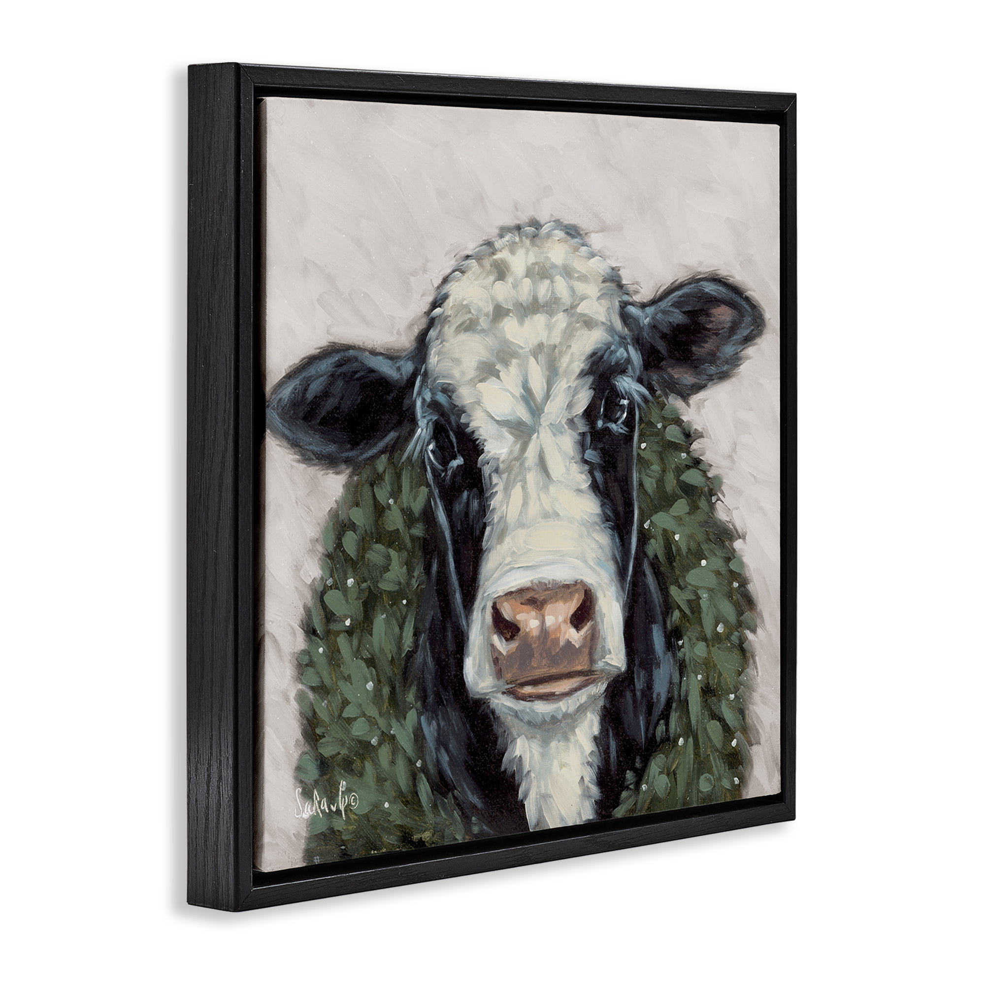 Stupell Industries Spotted Cow with Wreath Holiday Painting Black Floater Framed Canvas Art Prints Wall Art, 25 x 25