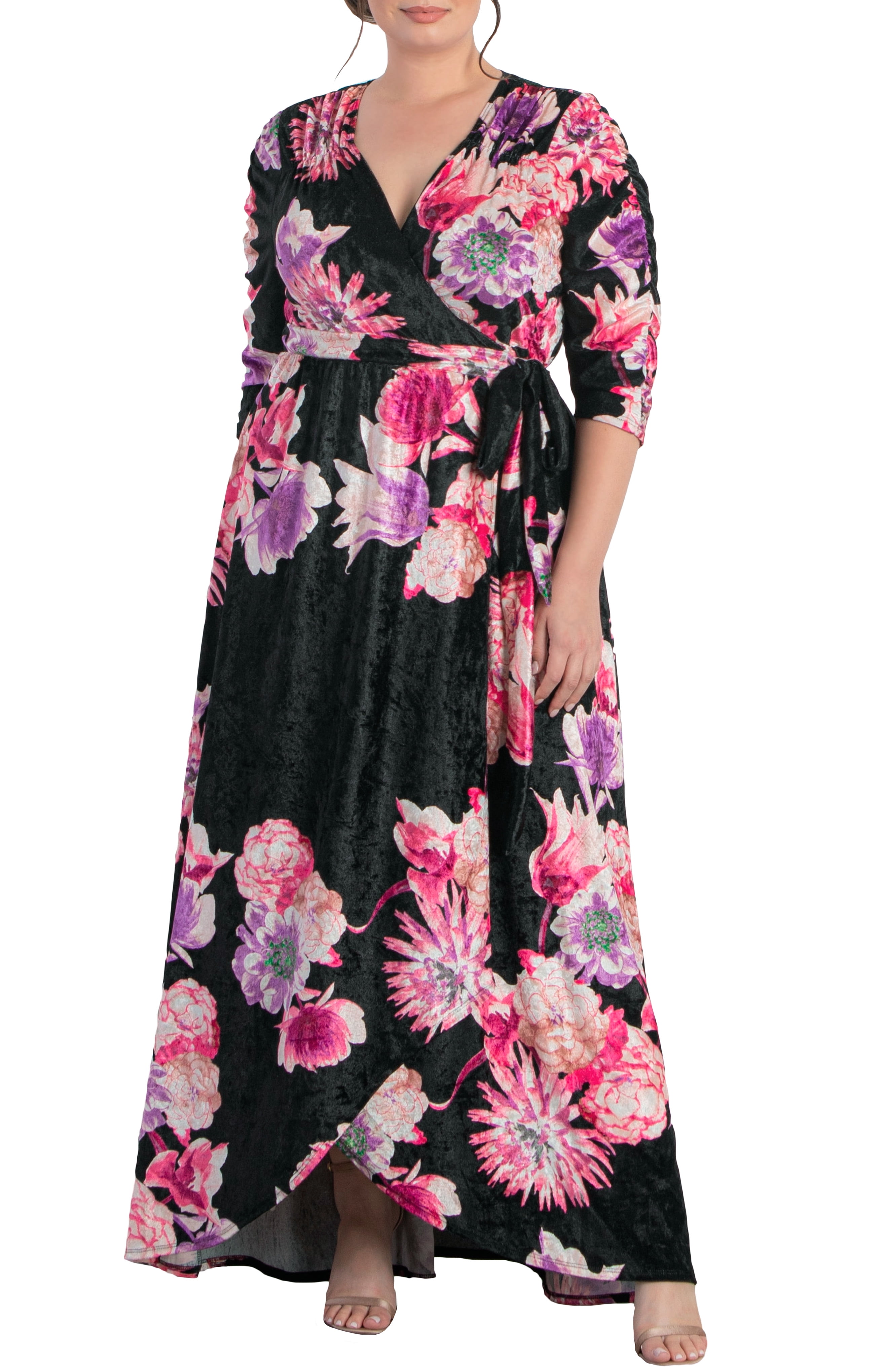 Kiyonna Women's Plus Size Cara Velvet Wrap Dress, HighLow Maxi Dress