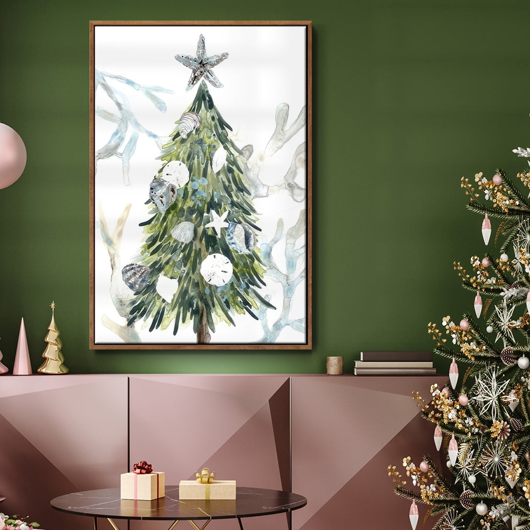 Coastal Christmas Shell Collection B - Framed Gallery Wrapped Holiday Canvas - 25 x 37 - Rosewood Frame