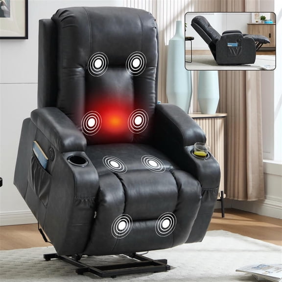 Spaco Dark Grey PU Leather Power Lift Recliner - 350 LBS Capacity, 8-Point Massage & Lumbar Heat