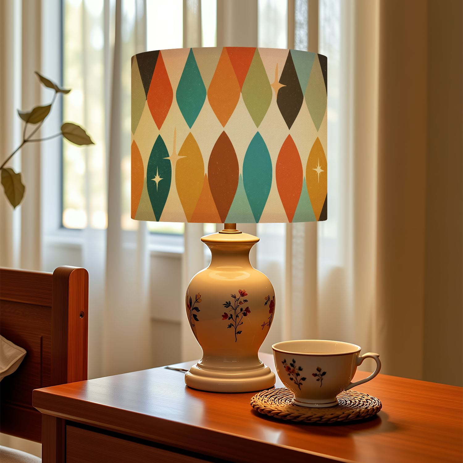 Linen Drum Lampshades Mid century modern atomic age teal orange Ideal for 13"x13"x10" Light Shade for Table Lamps Floor Lamps Drum Lamp Shades Lampshade Replacement Assembly Required