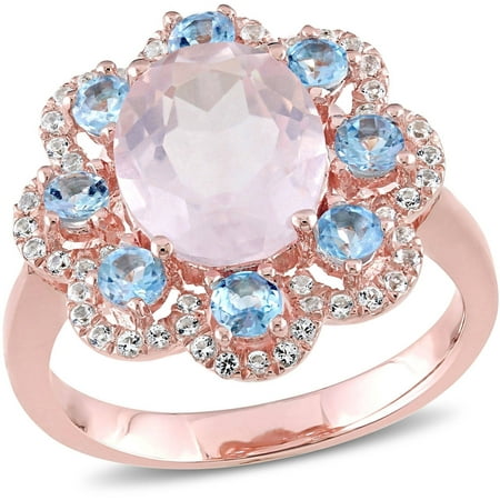 Tangelo 4-1/5 Carat T.G.W. Rose Quartz and Blue Topaz with White Topaz Rose Rhodium over Sterling Silver Flower Ring
