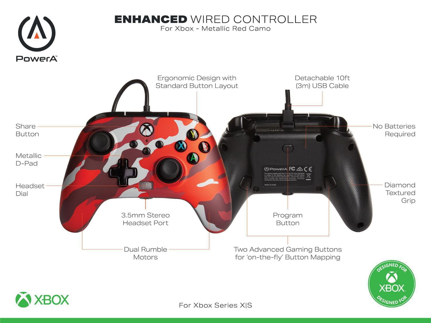 PowerA Enhanced Wired Controller for Xbox - Metallic Red Camo; gamepad, wired video game controller, gaming controller, Xbox Series X|S