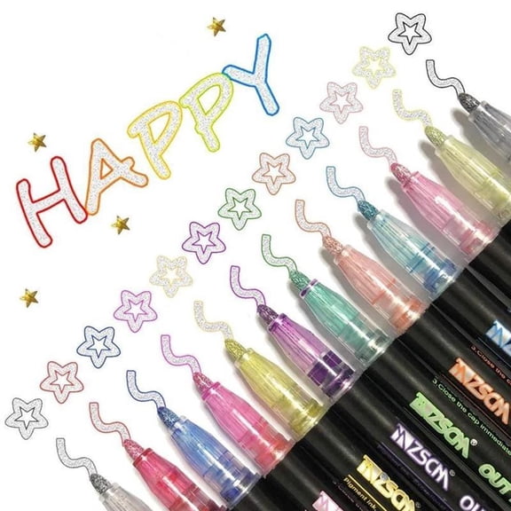 PPKVUFD Double Line Outline Pens, 12 Colors Self-Outline Metallic Markers Glitter Writing Drawing Pens for Christmas Card Writing, Birthday Greeting, DIY Art Crafts, Scrap Booking