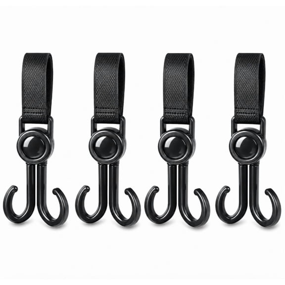 4 Pack 360° Rotating Stroller Hooks, Double Hook Hangers with Adjustable Loop Straps for Bags and Small Items, TIKA