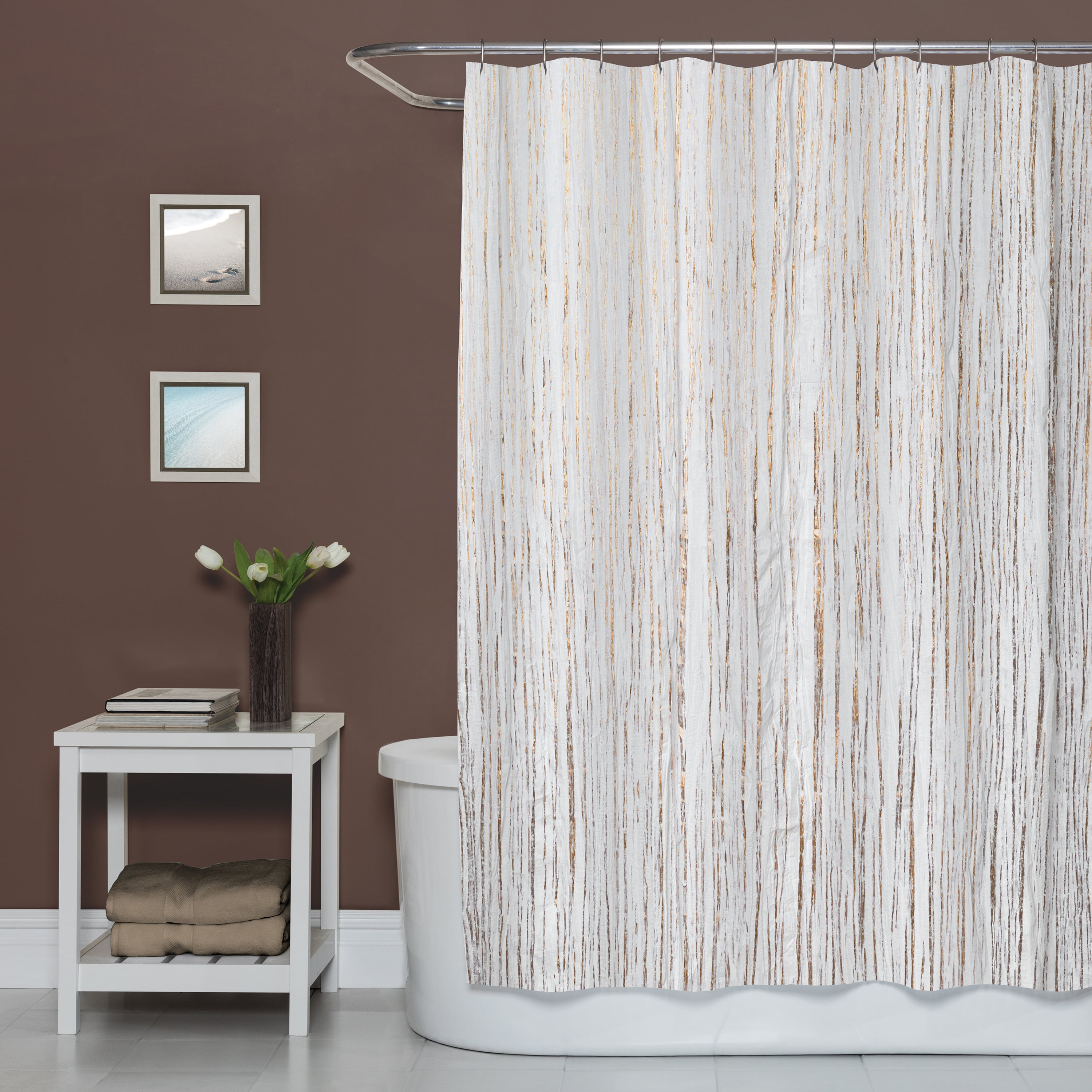 Zenna Home Metallic  Shine Fabric Shower Curtain  White and 