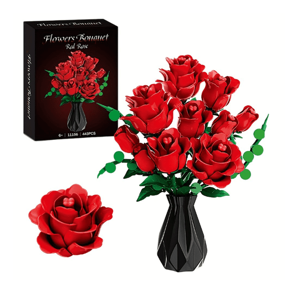 Remocguys Red Rose Flower Building Set Compatible with Lego Flowers Decor Gift for Adults Valentine's Day 443 Pcs
