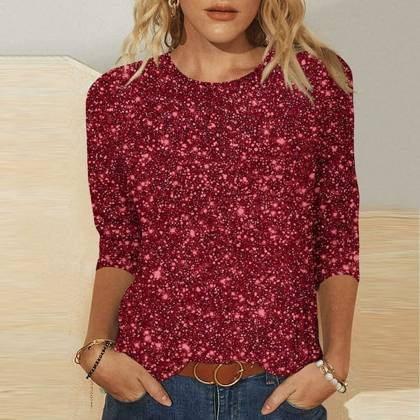 Tejiojio Women's Sequin Top Round Neck 3/4 Sleeves Sparkly Casual Party Blouse S-2XL