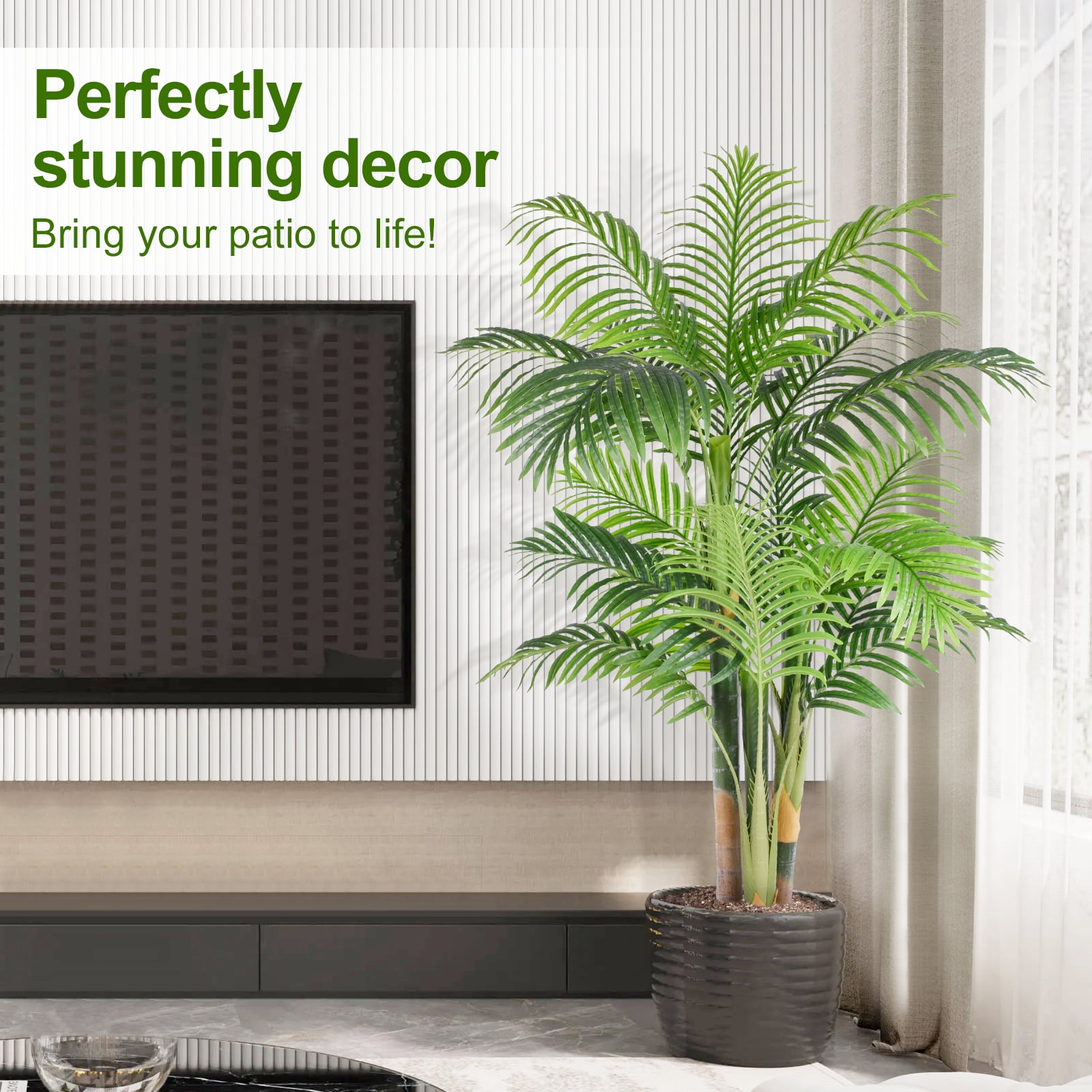 Keeplush 5FT Artificial Golden Cane Palm Tree– Indoor Large Fake Palm Tree, Lifelike Faux Plant with Textured Trunks & Flexible Fronds, No-Water Maintenance Silk Tree for Home Office Decor