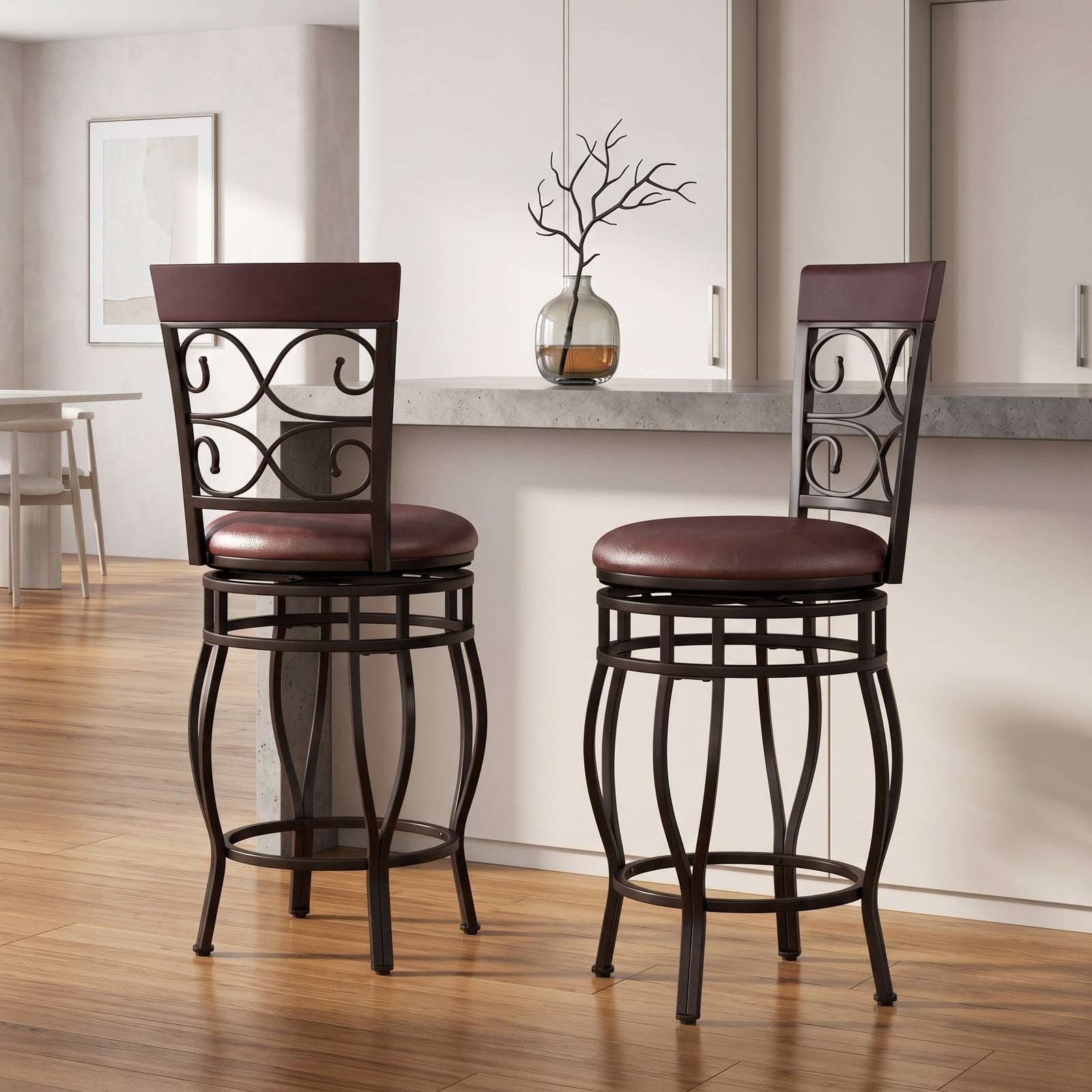 Furnibear Set of 2 26 Inch Swivel Bar Stools with Backrest and Footrest, Vintage Counter Height Metal Barstools with PU Leather Cushioned Seat for Kitchen, Brown