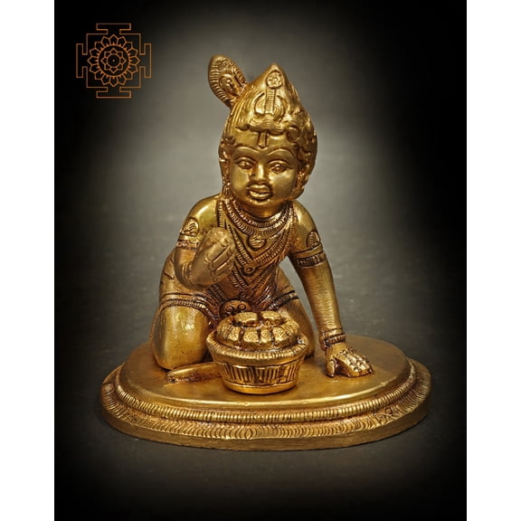 3 Inch Krishna Makhan Chor Butter Thief Brass - Handmade Playful Idol