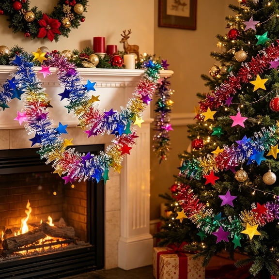 YTTAL 6.6FT Multicolor Star Tinsel Garland, Rainbow Metallic Christmas Mantle Decor, Holiday Indoor Outdoor Fireplace Door Party Reusable Shiny Hanging Garland