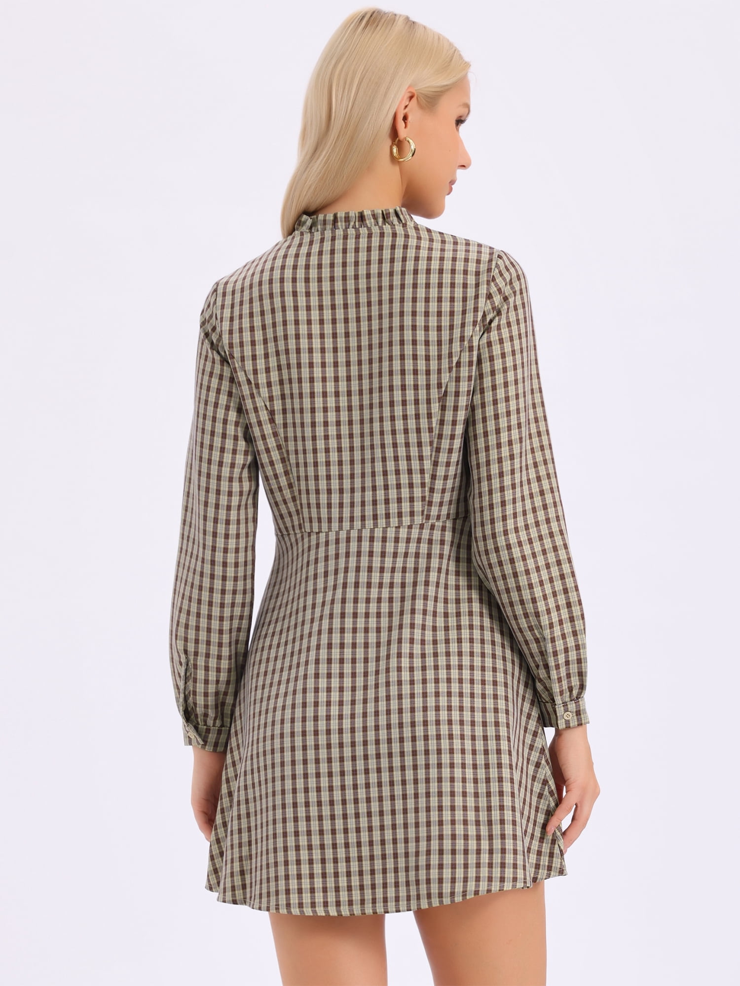 DARING DIVA Women's Check Ruffle Neck Button Down Long Sleeve A-Line Dress XS Brown Khaki