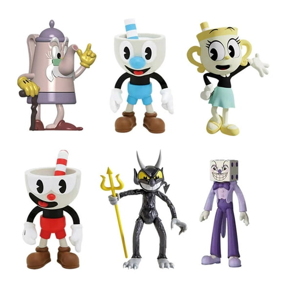 6pcs Cuphead Mugman Mecup Brocup Anime Figure Game Toys Set Statue Model Pvc Doll Cake Ornament