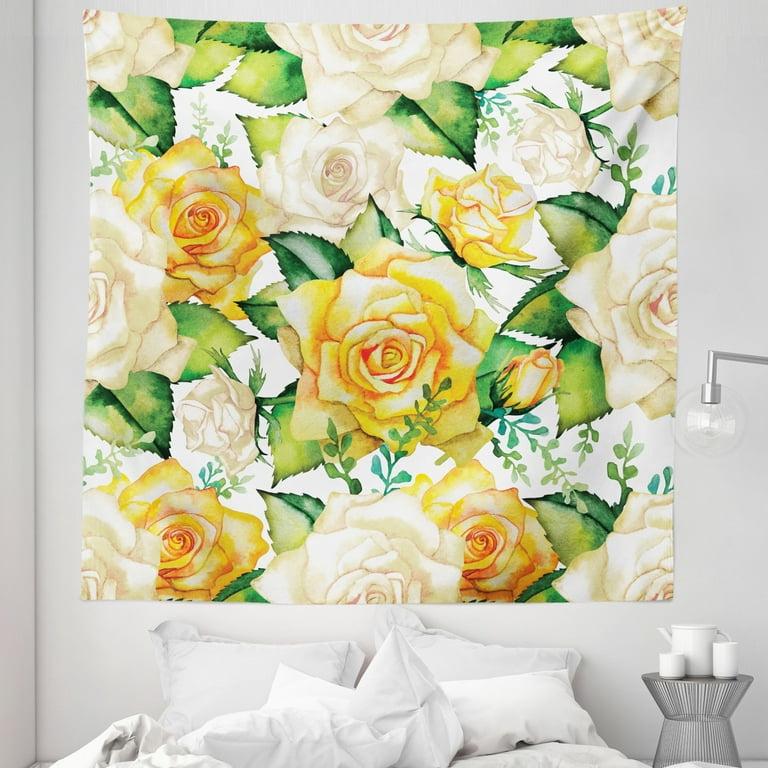 Rose Tapestry Roses Illustration in Watercolor Painting Effect Ornate Wedding Celebration Fabric Wall Hanging Decor for Bedroom Living Room Dorm 5 Sizes Yellow Beige Green by Ambesonne Walmart