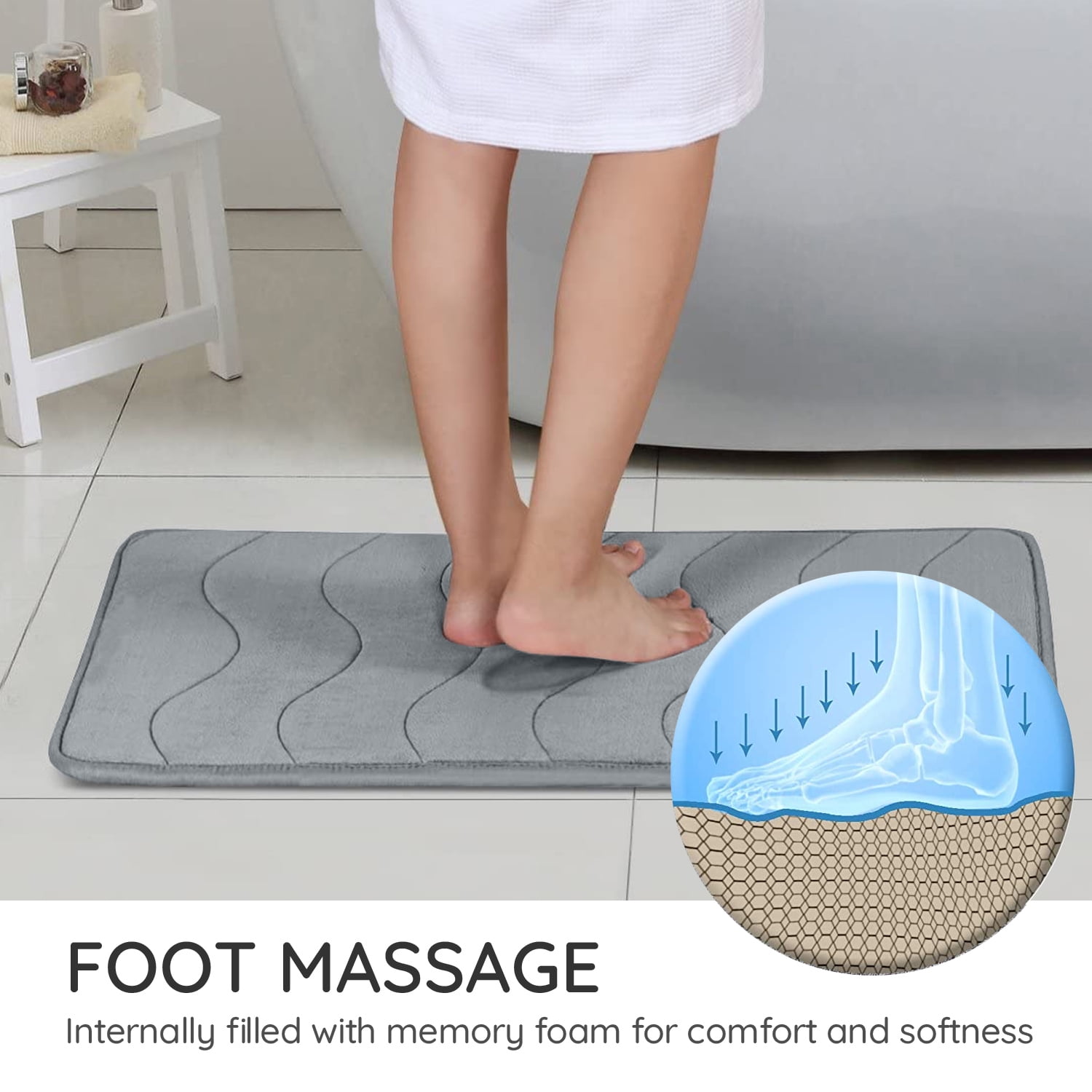 Large Bathroom Rugs Non Slip, Memory Foam Bath Mat, PVC Dot Bottom Quick Dry Bath Rug Runner, Absorbent Shower Mat for Bathroom Floor Tub, 20 x 32 Inch, Gray
