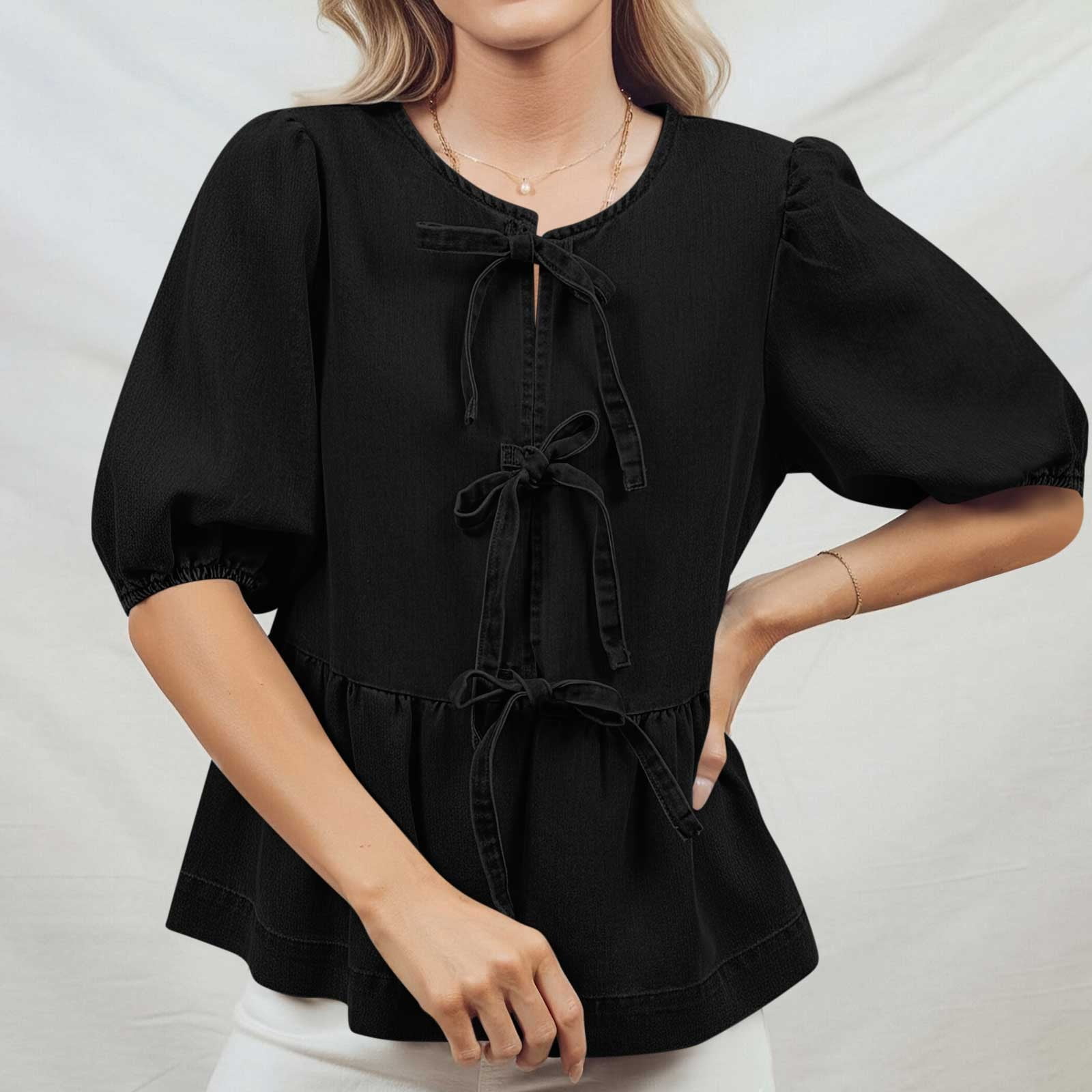 Womens Tops Under $10, Womens Denim Tie Front Tops Babydoll Peplum Puff Sleeve Jean Shirts Crew Neck Summer Casual Bow Blouses