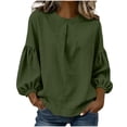 thumbnail image 2 of Linen Blouse for Women Crewneck Puff Long Sleeve Casual Loose Fit Pleated Front Solid Soft Lightweight Streetwear Fashion Pullover Top, 2 of 6