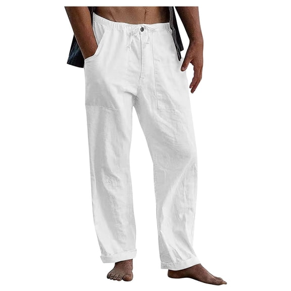 Mens Cotton Linen Pants Loose Fit Drawstring Elastic Waist Trousers with Deep Pockets Lightweight Beach Summer Fashion Pants 5XL
