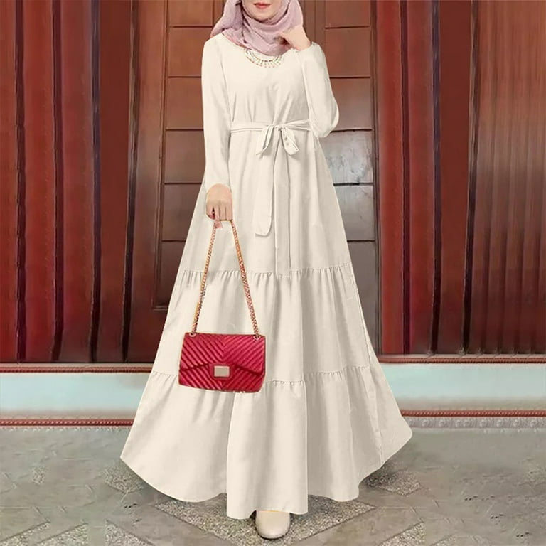 Spring Sale 2024Hontri Muslim Dresses for Women Women's Dress Printed Robe Long Dress Muslim Clothing Maxi Dresses for Women 2024 White,M
