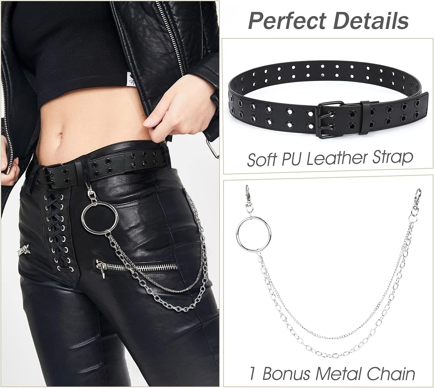 Double Grommet Leather Belt with Detachable Chain for Women Men
