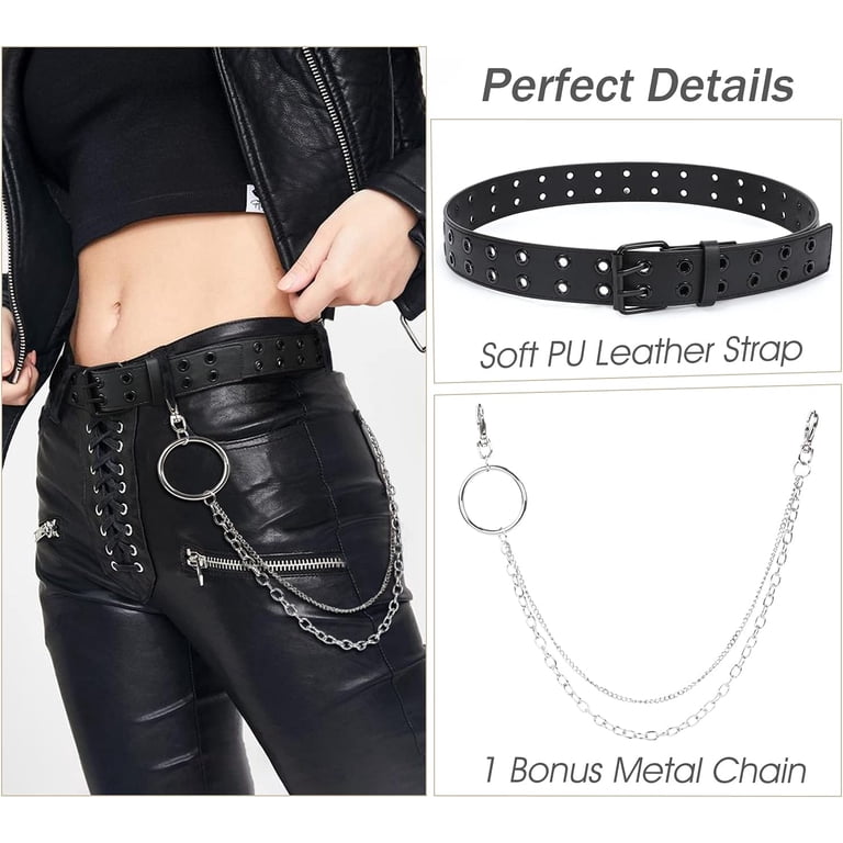 Double Grommet Leather Belt with Detachable Chain for Women  display picture 3