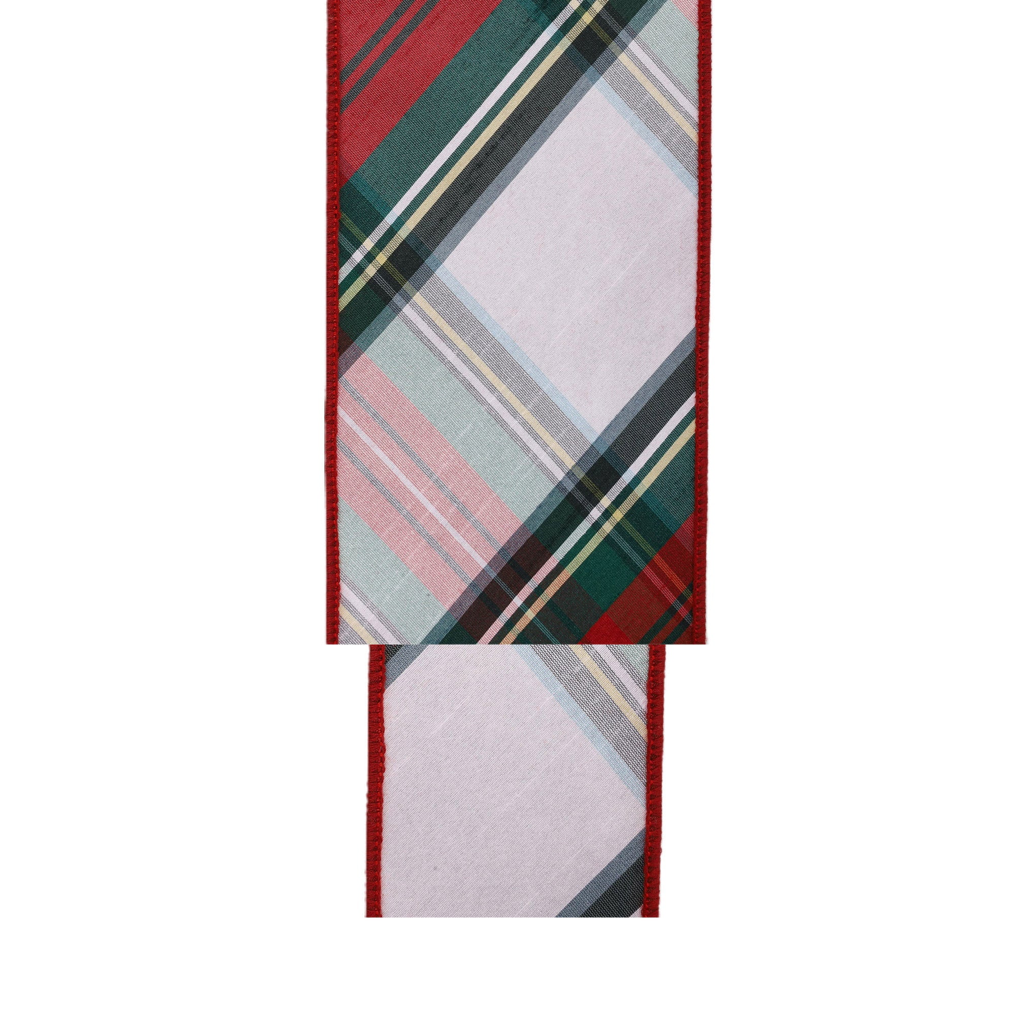 LaRibbons 2 1/2" Wired Dupioni Ribbon, Burgundy/Green/White Plaid Bias Cut, 5 Yard Roll