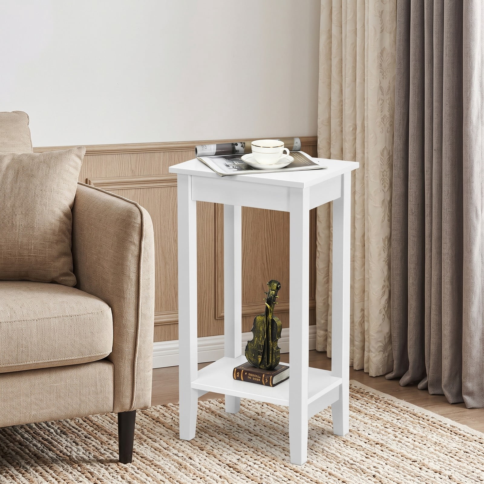 Furnibear Set of 2 2-Tier End Tables with Storage Shelf, Narrow Wood Nightstand Side Table for Living Room Bedroom Small Spaces, Sofa Couch Bedside Accent Table, White