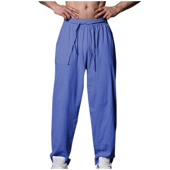 HOOMEUMY Men's Linen Drawstring Waist Loose Fit Elastic Classic Solid Casual 2024 Trendy Straight Leg Long Pants with Pockets Blue L