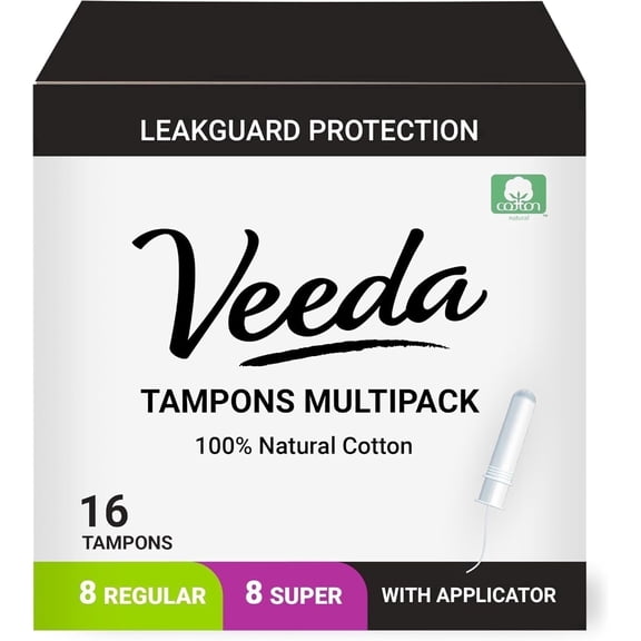 Veeda 100% Natural Cotton Compact Applicator Tampons, 8x Regular + 8x Super Multi-Pack (16 Tampons Total)