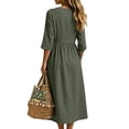 thumbnail image 5 of CHGBMOK Cotton Linen Dresses for Women Fall 3/4 Sleeve V Neck Fitted Waist Dress Side Slit Midi Dress with Pockets, 5 of 6