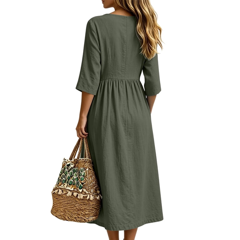 army green swing dress ClodeEU Women's V Neck Half Button 3/4 Sleeve Midi Dress with  Pockets,Casual Summer Swing Dress with Side Slit Navy,Women's Plus M