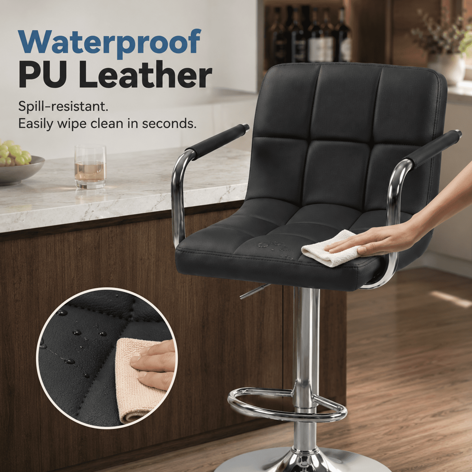 Alvantor 2-Pack Bar Stools, PU Leather Height Adjustable Swivel/ Arms Barstools, Hydraulic Kitchen Counter Height Bar Chairs, Made of Waterproof Polyurethane Leather Material