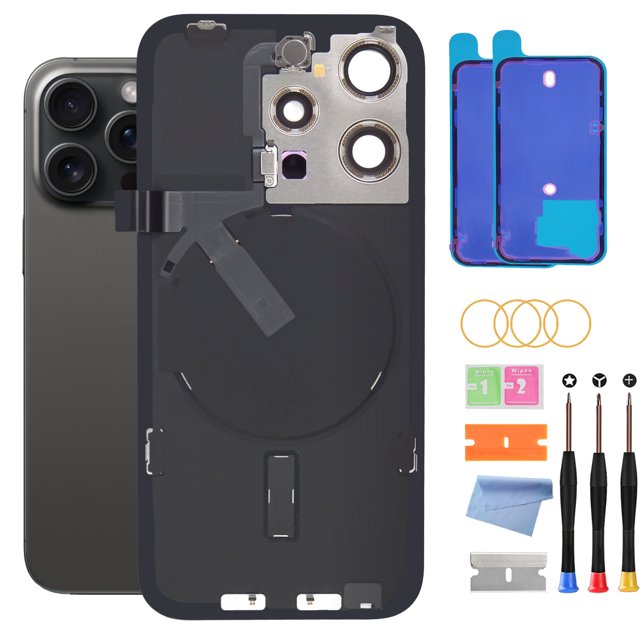 reemplazo de tapa trasera para iphone 15 pro con carga inalámbrica - reemplazo de vidrio trasero para iphone 15 pro de 6.1 pulgadas con kit de herramientas de reparación (negro) Tapa trasera de vidrio negra para iPhone 15 Pro 6.1" con anillo de carga inalámbrica visible, orificio de cámara agrandado, adhesivo preinstalado y kit de reparación incluido (tres destornilladores, palas, toallitas, gomas y cuchilla). Adecuado para reparación DIY y para restaurar el aspecto exterior del dispositivo.