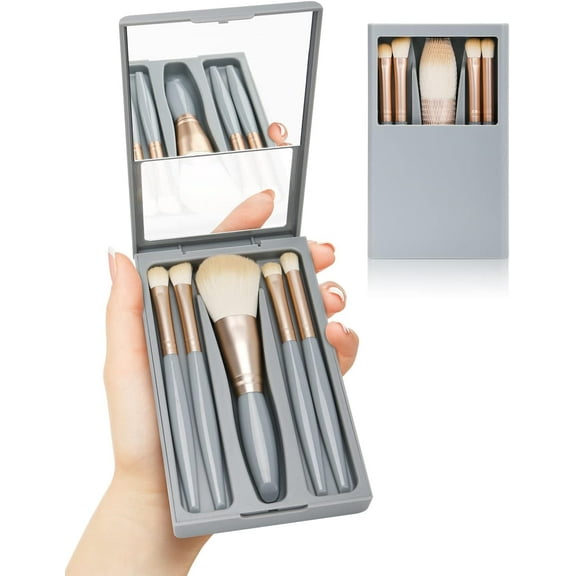 Compact Mirror,Travel Makeup Brush Set,5pcs Mini Complete Function Cosmetic Brushes Kit,Portable Mirror for Handbag,Purse,Handheld Mirror,Gifts for Girls(Blue)