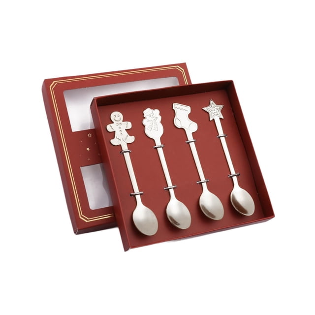 Juego de 4 Cucharas Navideñas, Juego de Cubiertos Navideños, Utensilios de Cocina, Cuchara de Té, Cuchara de Postre para Café, Niños, Bodas Y Vacacion plata