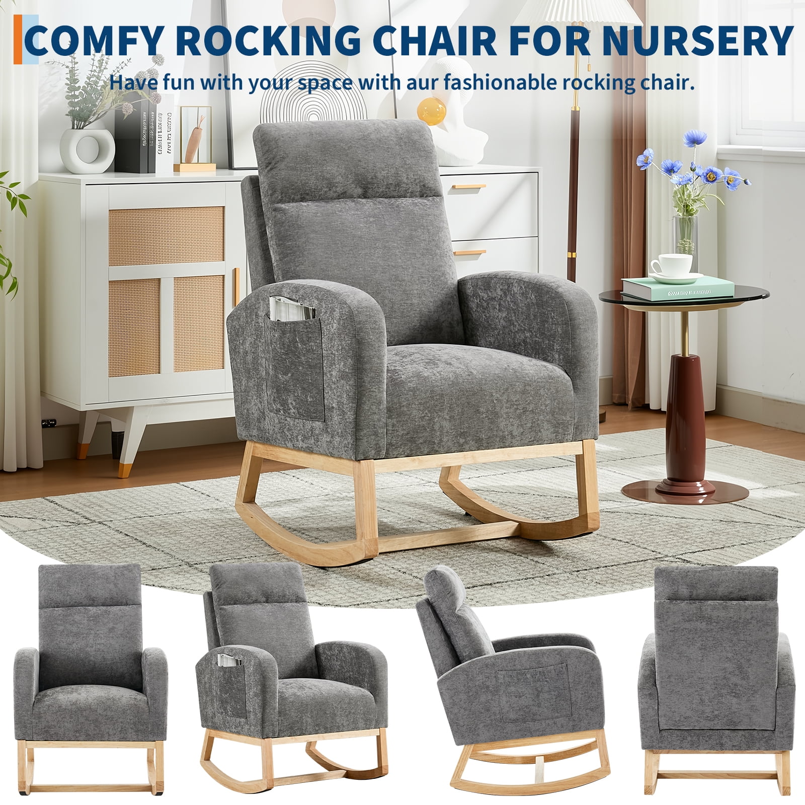 Rocking Chair Nursery, Glider Rocking Chair with High Back & Side Pocket, Teddy Upholstered Glider Rocker with Padded Seat High Backrest for Living Room/Bedroom/Nursery
