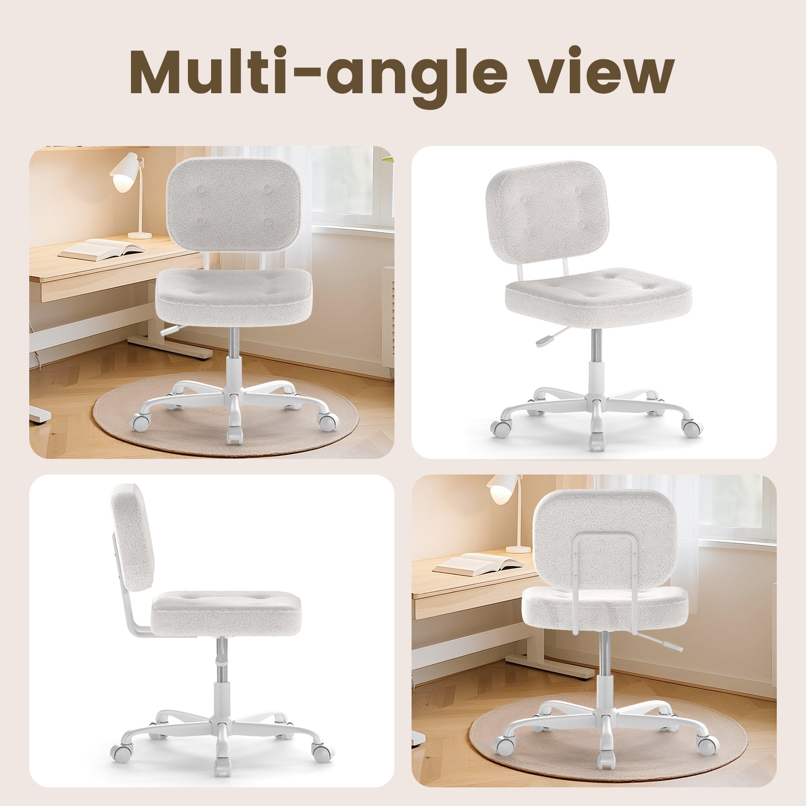 YERAIRR Armless Office Chair with Wide Seat,Teddy Fleece Fabric Computer Desk Chair Thickened Cushion Vanity Chair White