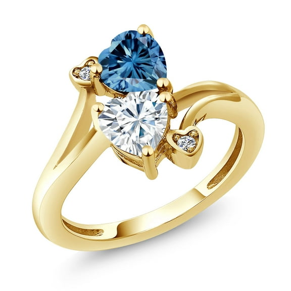 Gem Stone King 18K Yellow Gold Plated Silver Persian Blue Moissanite White Moissanite and White Diamond Ring for Women (1.63 Cttw, Heart Shape 6MM, Gemstone Birthstone, Size 5)