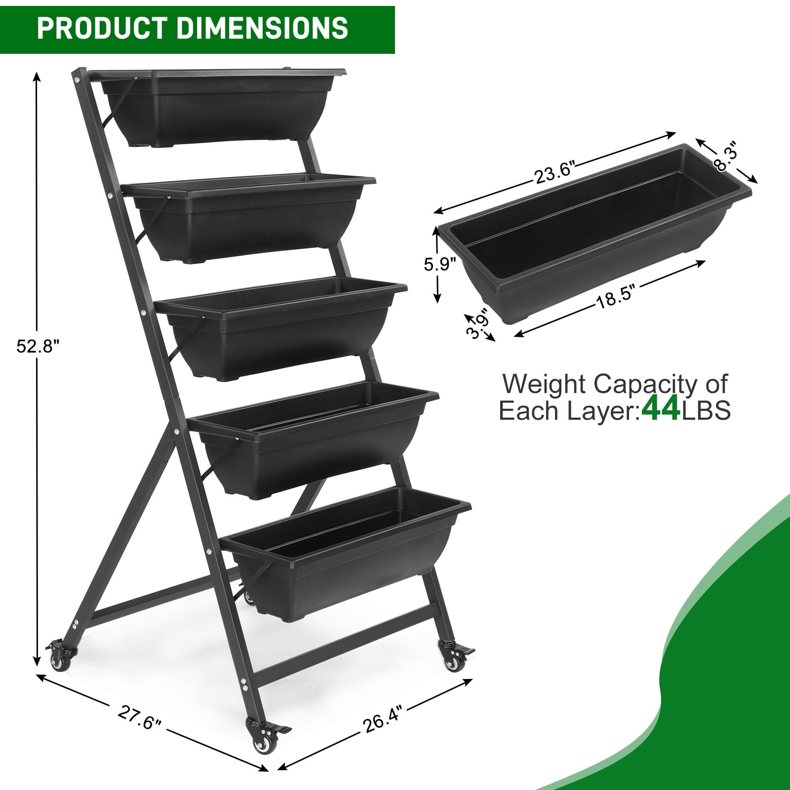 Ktaxon 5-Tier Vertical Garden Bed with Wheels, Freestanding Elevated Planter Box with Drain Holes for Vegetables & Herbs
