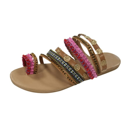 

HGWXX7 Bohemian Ethnic Style Shoe Female Flat Open Toe Sandals Flip Flops Beach Slipper Shoes For Women Red 39
