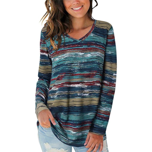 Sonducket Camiseta de mujer Otoño Impreso Cuello en V Impreso V Top Blusa informal de manga larga Prendas para la parte del cuerpo Azul L
