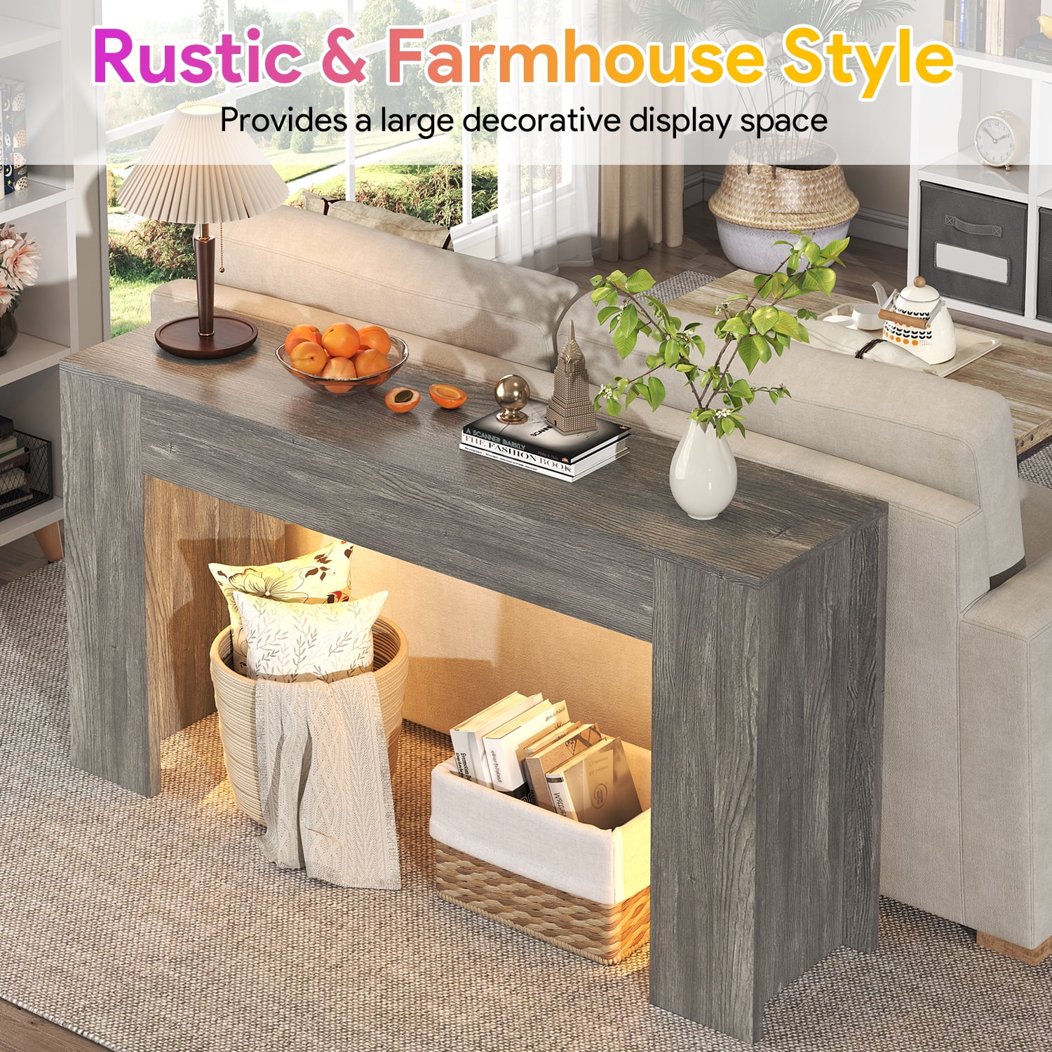 63-Inch Long Console Table with LED Light, Farmhouse Sofa Table Behind Couch, Wooden Console Table for Entryway Hallway Entrance Living Room, Gray