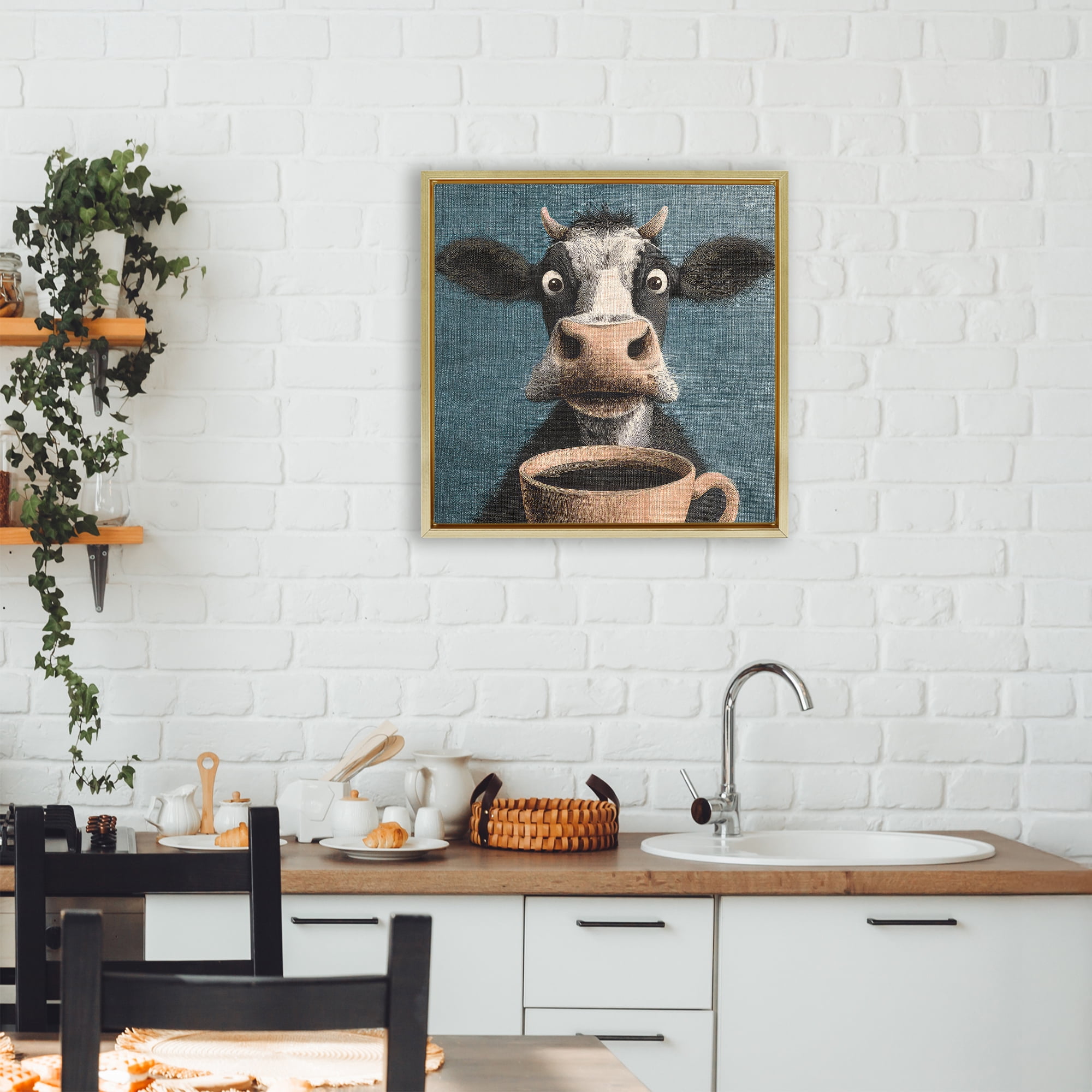 Stupell Industries Grumpy Cow & Coffee Gold Framed Floater Canvas Wall Art, design by The Wands Want